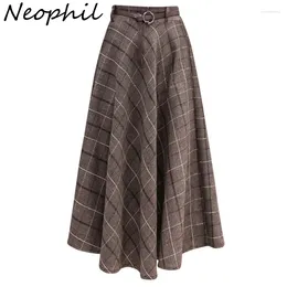 Skirts Neophil 2024 Autumn Women Plaid Wool Midi Pleated Sashes England Style Vintage Warm A-Line Skirt Faldas Mujer Moda S23101