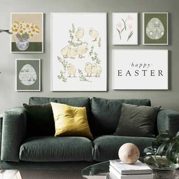 Wallpapers Easter Spring Neutral April Rabbit Egg Flower Wall Art Nordic Posters Canvas Painting and Printing Farmhouse Decoration J240505