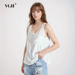 Women's Tanks VGH Solid Patchwork Pockets Casual Tank Tops For Women V Neck Sleeveless Minimalist Slimming Vests Female Clothing Fashion
