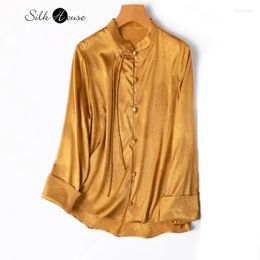 Women's Blouses The Elegance Of Chinese Style! Luxury 93%Natural Mulberry Silk Elastic Jacquard Satin Standing Collar Long Sleeved Shirt