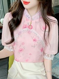 Women's Blouses Chinese Style Short-Sleeved Chiffon Shirt Summer 2024 High-Grade Top Chic Beautiful Print Blouse