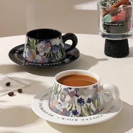 Mugs Retro Watercolor Art Style Fashionable Ceramic Exquisite Coffee Cup And Plate Set Beautiful Creative Couple