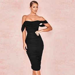 Casual Dresses Yissang Draped Off Shoulder Double Layer Mesh White Sexy Dress Women Pleated Long Party Elegant Night Club Bodycon 225M