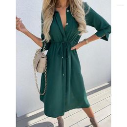 Casual Dresses 2024 Spring Summer Women's Closing Solid Colour Lapel Three-Quarter Sleeve Single-Breasted Lace-up Mid-Length Dress