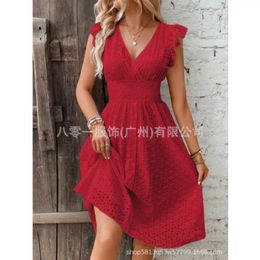 Basic Casual Dresses 2024 summer new MIDI lace jacquard hollow thin V-neck plus size womens dress T240505