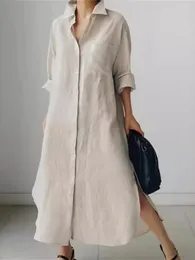 Casual Dresses Summer Fashion Women's Cotton Linen Dress Shirt Elegant Loose Irregular Cardigan Single Breasted Long Sleeved