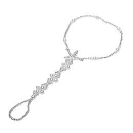 Imitation Pearl Woven Women's Anklet Pure Hand-made Flash Diamond Starfish Beach Finger Elastic Anklet 22581