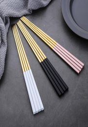Gold Chopsticks Stainless Steel Chopsticks Wedding with Black White Pink End5917150