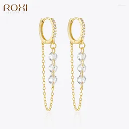 Hoop Earrings ROXI 925 Sterling Silver Classic Ball Zircons Chain Tassel For Women 18K Gold/Silver Colour Ear Buckle