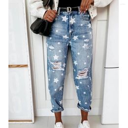 Women's Jeans Wepbel Star Pattern Ripped Summer Washed Denim Trousers For Women High Waist Straight Pants Streetwear