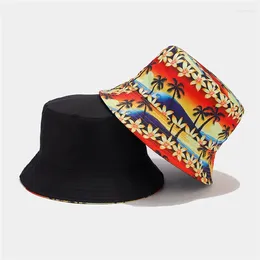 Berets 2024 Spring Summer Polyester Tree Print Two Sides Wear Bucket Hat Fisherman Outdoor Travel Sun Cap For Men And Women 11