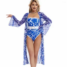 Women's Swimwear Sexy Two Pieces Suit Tropical Allover Print Swimsuit Drawstring Bodysuit Cover Up Halter Lace-Up Bikini Set With Dress
