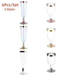 Disposable Cups Straws 6Pcs/Set Red Wine Glass Plastic Champagne Flutes Glasses Cocktail Goblet Wedding Party Supplies Bar Drink Cup