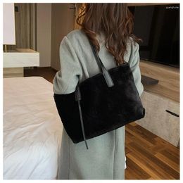 Drawstring Large Capacity Simple Winter Women's Shoulder Bag Trend Fashion Handbag Wool Foreign Tote Female