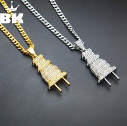 Mens Iced Out Bling Bling Plug Pendant Necklace Gold Silver Colour Charm Micro Pave Full Rhinestone HipHop Jewellery 2009283360449