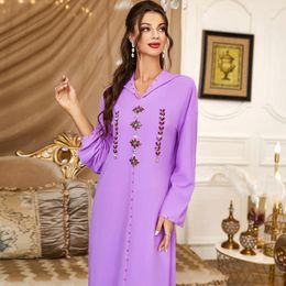 Ethnic Clothing Lilac Handsewn Diamond Women's Arabic Robe Dress Vestidos Femenino Hijabs Musulmans Islam Dubai Luxury El