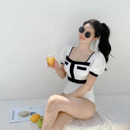 Women's Swimwear 2024 One Piece Swimsuit Female Korean Short Sleeve White Women Bathing Suit High Waist Hollow Monokini Drop