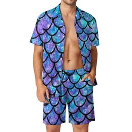 Mermaid Scales Men Sets Purple Blue Splash Abstract Casual Shorts Vintage Beach Shirt Set Short-Sleeved Graphic Oversized Suit 240425