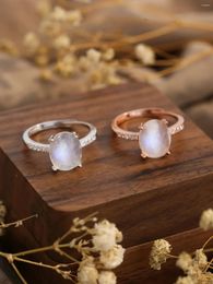 Cluster Rings Pure 925 Silver Women's Ring Inlaid With Oval Moon Stone And Zircon Fashion Versatile Advanced Design