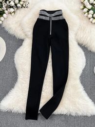 Women's Pants Casual Diamond Trousers High Waist Elastic Slim Fit Skinny 2024 Autumn Fashion All-Match Black Pencil For Women