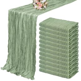 10PCS Set Semi-Sheer Gauze Wedding Table Runner Sage Green Cheesecloth Table Dining Party Christmas Banquets Arches Cake Decor 240430