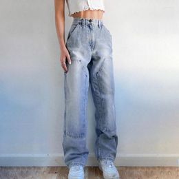 Women's Jeans Loose Long Casual Work Pants Women Washed Spliced Jean Female Cotton Trousers Big Pocket Stright Clothes Blue Denim