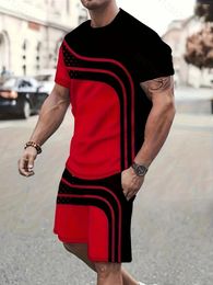 Men's Tracksuits Outfit Colour Matching Casual Crew Neck Short Sleeve T-Shirt & Shorts 2-piece Set For Summer Outdoor Activities