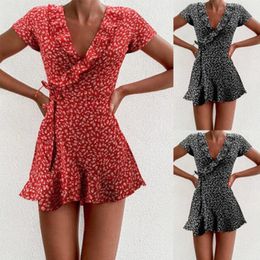 Summer Womens Floal ALine Dress Sweet Elegant Floral Ruffles Vneck Bandage Short for Lady Chic Flowers Mini 240418