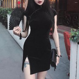 Party Dresses Women Gothic Punk Chinese Cheongsam Harajuku Dress Vintage Split Elegant Bandage Bodycon Dark Black Vestidos