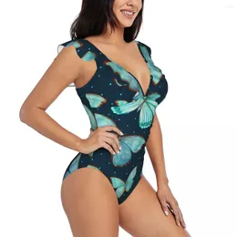 Women's Swimwear Ruffled One-piece Swimsuit Women Retro Lovely Flying Butterflies Teal Sexy Lace Up Monokini Girl Beach Bathing Suit