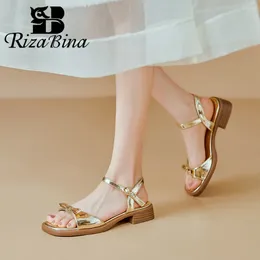 Casual Shoes RIZABINA Women Sandals Fashion Square Toe Real Leather Low Heel Slingback Flat Summer Ladies Back Strap Causal 2024