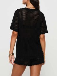 Women 2 Piece Crochet Knit Cover Up Short Set Hollow Out Sleeve Button Down Shirt Volleyball Shorts Summer Lounge