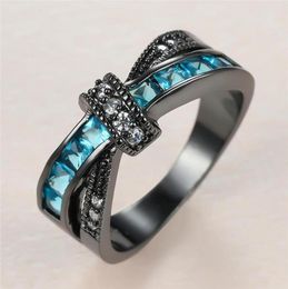 Wedding Rings Creative Crossed Ring Aqua Blue Crystal Zircon For Women Jewellery Vintage Fashion Black Gold Stone Engagement7647082