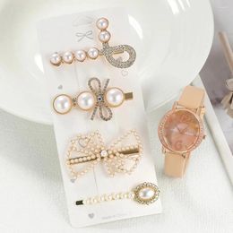 Wristwatches Fashion Jewelry Watches Hair Clips Set For Women Casual Quartz Wrist Watch Pearl Hairpin Accessories Dress Clock Montre Fem