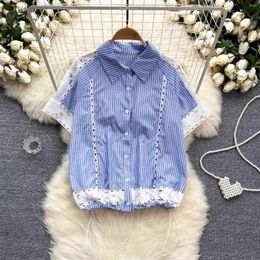 Women's Blouses Summer Chic Lace Patchwork Hollow Out Drawstring Hem White Shirts Short Sleeve Single-Breasted Blue Striped Tops
