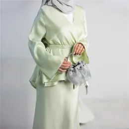 Ethnic Clothing 2pcs Fashion Abaya Muslim Women Kimono Long Sleeve Open Tops Skirt Sets Dubai Turkey Arab Gowns Dress Suit Solid Color