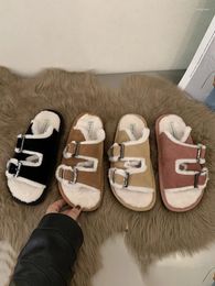 Casual Shoes Outside Sandals Female Shoe Fur Heels 2024 Women's Girls Fashion Flat Low Buckle Strap PU Slides Autumn Short Plush Basic Ru