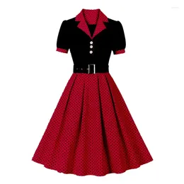 Party Dresses Red Black Polka Dot Vintage 50s Retro Dress 2024 Notched Collar Elegant Summer Women Short Sleeve Belted Pleated