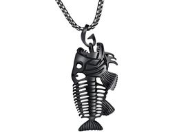 Mens 316L Stainless Steel Fish Bone Pendant Necklace Punk Style Fishbone Necklace Jewelry with Chain VICHOK5318302