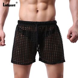 Ladiguard Sexy Men Hollow Out Shorts European Style Casual Beach Short Pants Solid Black Grey Loose Drawstring Half 240422