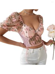 Women's T Shirts Women Vintage Floral Crop Top Summer Puff Sleeve V-Neck Bodycon T-Shirt Back Zipper Retro Bustier Corset