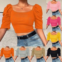 Women's T Shirts Blouse Tops Summer Simple Square Neck Collar Bubble Sleeve Slim Short Top Sexy Ribbon Crop Ladies