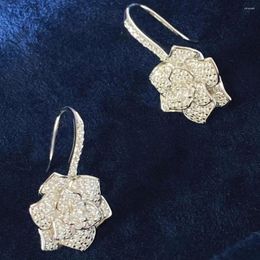 Dangle Earrings Custom Solid 18K White Gold Women Drop Flower Moissanite Diamonds Wedding Party Engagement Anniversary Gift