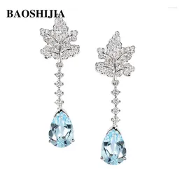 Dangle Earrings BAOSHIJIA Solid 18k White Gold Leaf Genuine Diamond Stud Women's Natural Water Drop Aquamarine Jewellery Beautyful