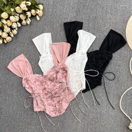 Women's Tanks Flower Lace Tank Top Boho Fishbone Crop Sexy Inner Strap Women Summer French Tube Tops Y2k Cute Clothes Pink Corset Dropship