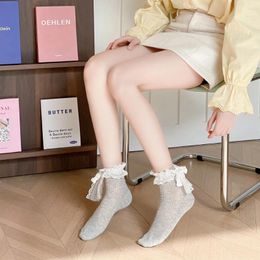 Women Socks Bowknot Lace Bow Fashion Soft Stripe Balletcore Cotton Elastic Anti-slip Calf Leg Hosiery Girl