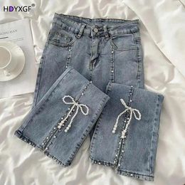 Women's Jeans Bow Pearl Skinny Stretch Flare Women Basic Ankle-length Bell Bottom Korean Slim High Waist Denim Trousers Streetwear