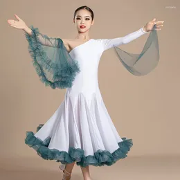 Stage Wear Girls Single Sleeved Lace Ribbon Modern Dancing Dress Waltz Ballroom Dance Performance Costumes Kids Samba Tango Dancewear 7624