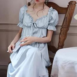 Women's Sleepwear 40113French Court Style Nightdress Princess V-neck Lace Bow Ankle Long Skirt Fairy Sweet And Elegant Thin