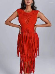 Casual Dresses Unique Red Tassel Bandage Dress O-Neck Sleeveless Bodycon Off Back Midi Celebrity Cocktail Evening Party Vestidos